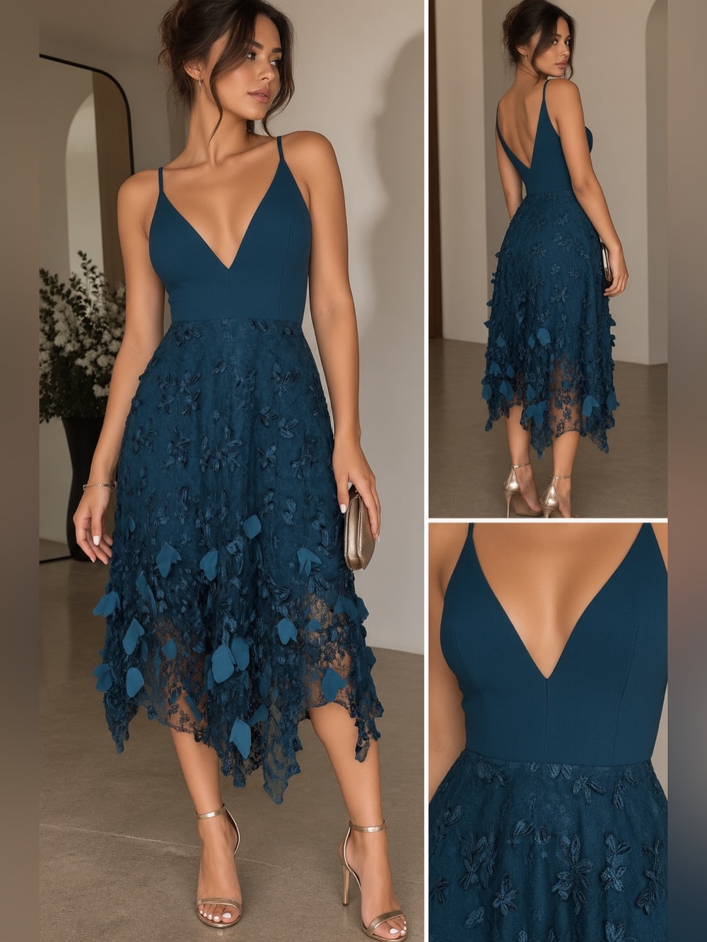 Dress the Population Teal 3D Floral Lace Midi Dress Size S